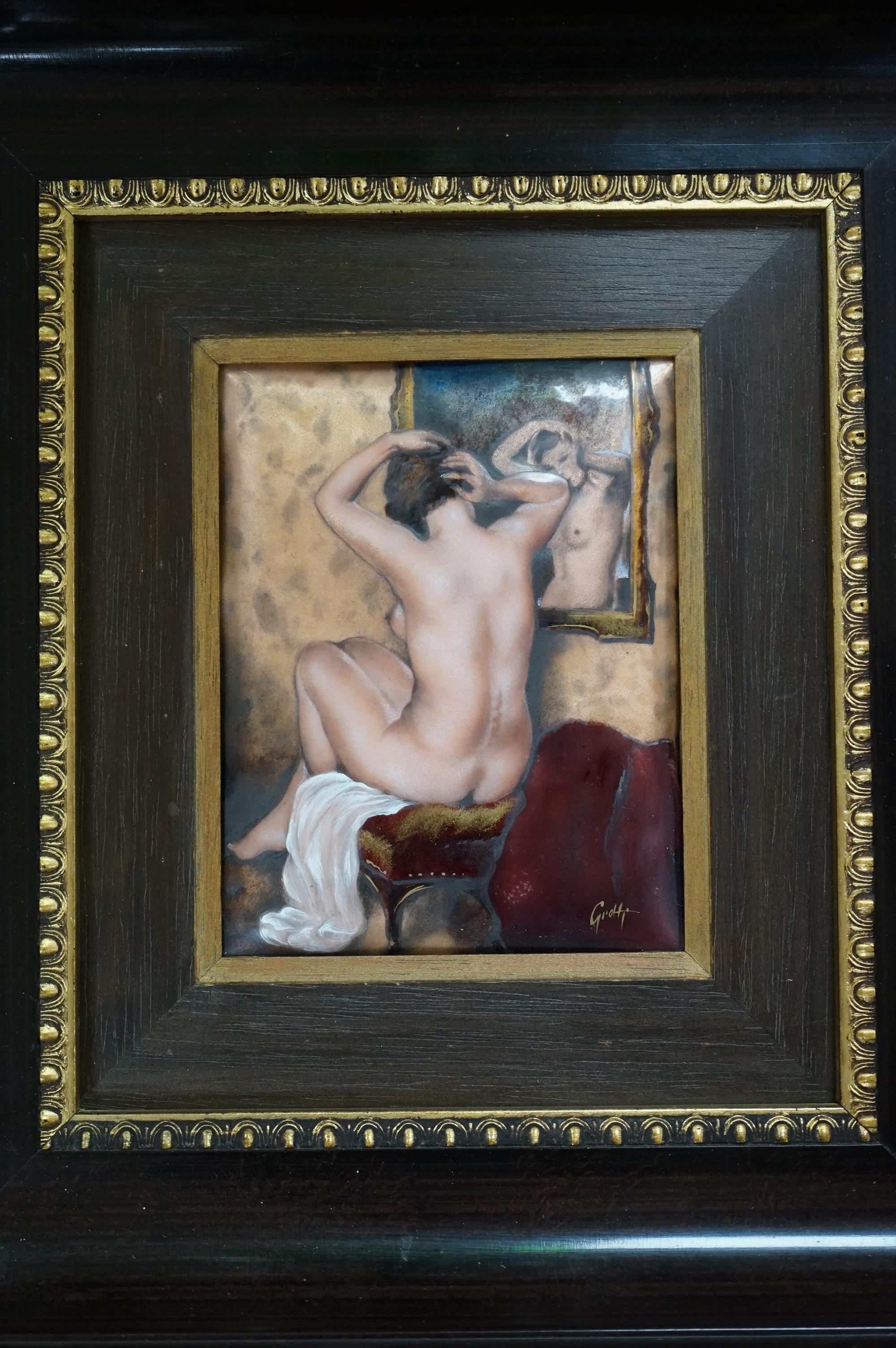 An enamel on copper plaque, nude study, framed, signed Grotti, overall 31cm high
